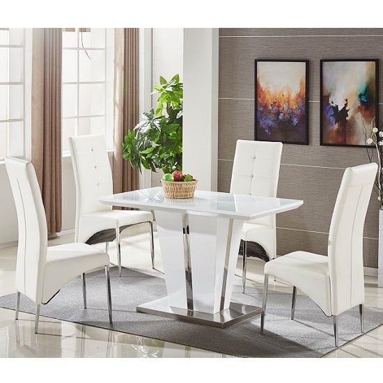 Read more about Memphis small white gloss dining table 4 vesta white chairs
