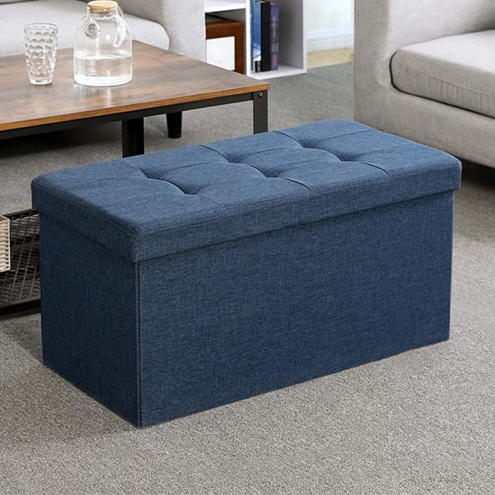 Mendon Linen Fabric Large Storage Ottoman In Dark Blue | FiF