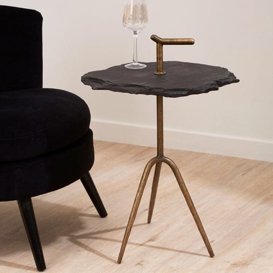 Product photograph of Menkent Black Stone Top Side Table With Antique Brass Legs from Furniture in Fashion