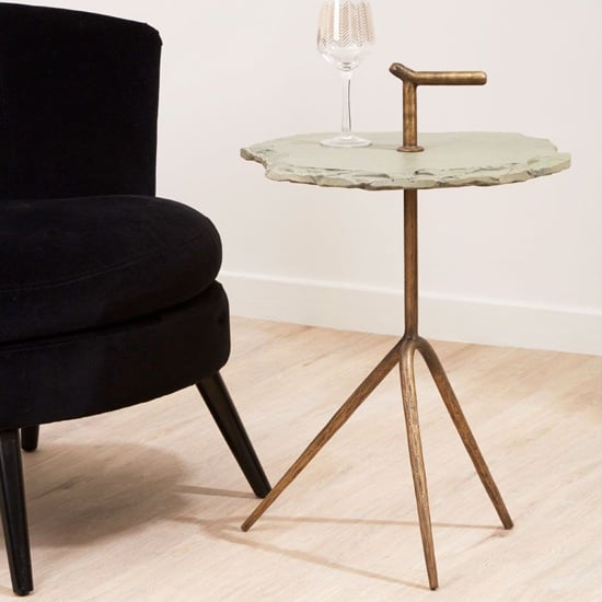 Product photograph of Menkent Grey Stone Top Side Table With Antique Brass Legs from Furniture in Fashion