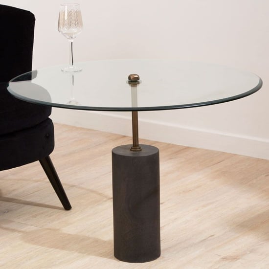 Product photograph of Menkent Round Clear Glass Side Table With Black Marble Base from Furniture in Fashion