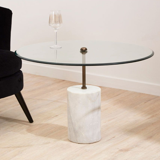 Read more about Menkent round clear glass side table with white marble base
