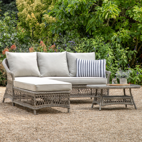 Read more about Menot poly rattan chaise set with coffee table in stone