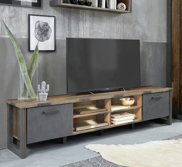 View Merano wooden tv stand wide in old wood with matera grey and led