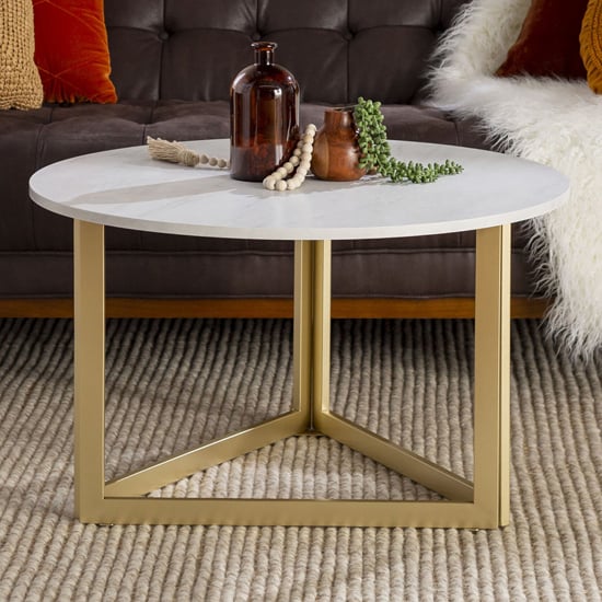 Meridian Wooden Coffee Table Round In White Marble Effect | Furniture ...