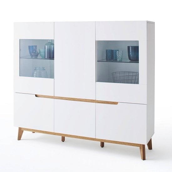 Product photograph of Merina Contemporary Highboard In Matt White And Knotty Oak from Furniture in Fashion