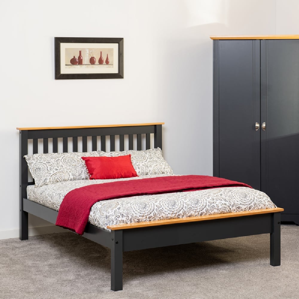 merlin wooden low foot king size bed in dark grey and oak