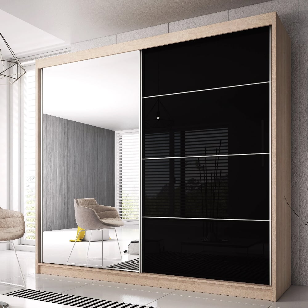 Read more about Mesa 183cm mirrored wardrobe and 2 sliding doors in oak black gloss