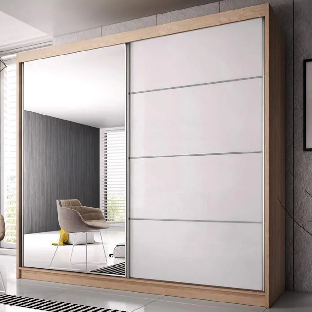 Read more about Mesa 233cm mirrored wardrobe and 2 sliding doors in oak white gloss