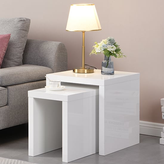 Product photograph of Metro Square High Gloss Set Of 2 Nesting Tables In White from Furniture in Fashion