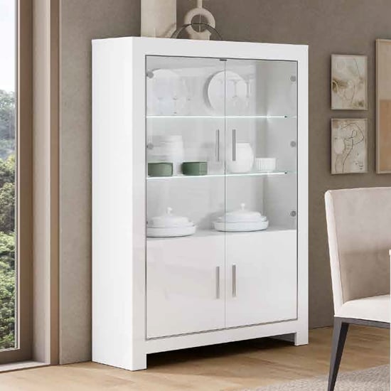 Metz Glass Display Cabinet In White Gloss And Oak With LED | Furniture ...