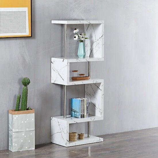 Product photograph of Miami High Gloss White Shelving Unit In Vida Marble Effect from Furniture in Fashion