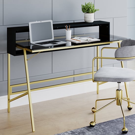 Read more about Mickley smoked glass top computer desk with gold frame