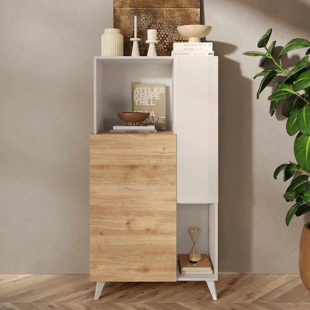 milan high gloss highboard with 2 doors in white and cadiz oak