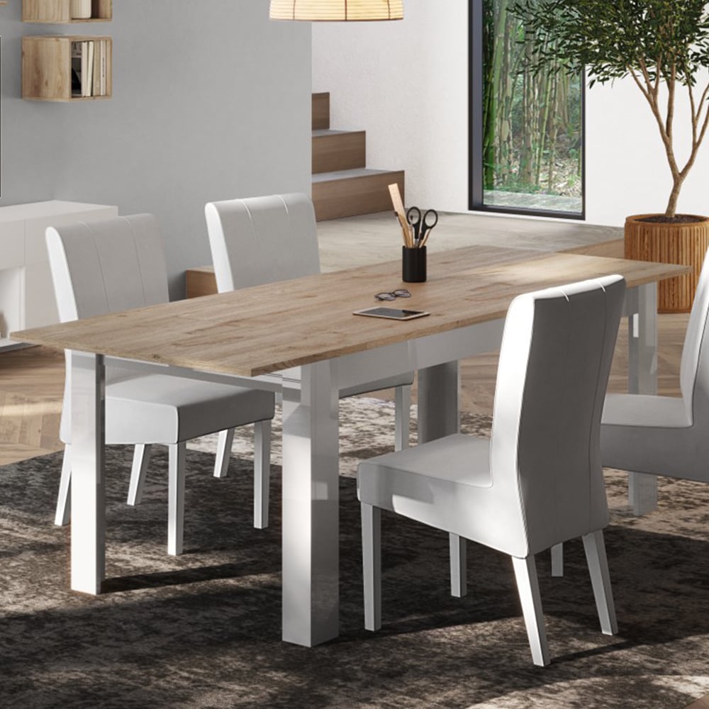 milan wooden extending dining table in white gloss and cadiz oak