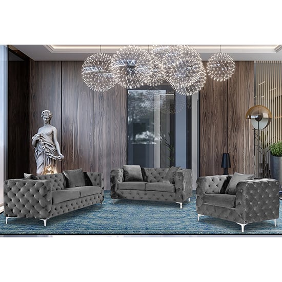 Photo of Mills malta plush velour fabric sofa suite in grey