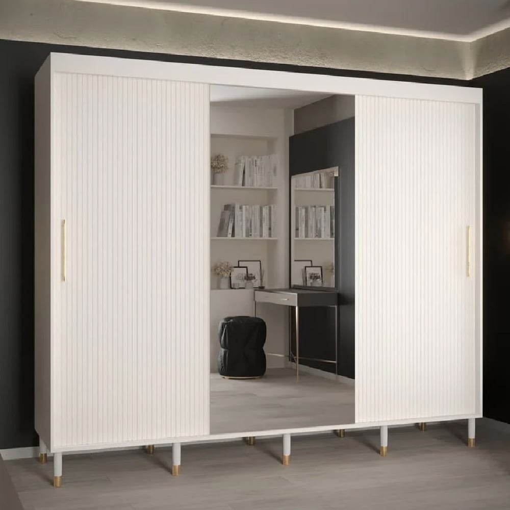 millwall 250cm mirrored wardrobe with 3 sliding doors in white