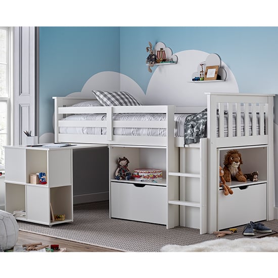 Read more about Milo wooden single bunk bed with desk and storage in white