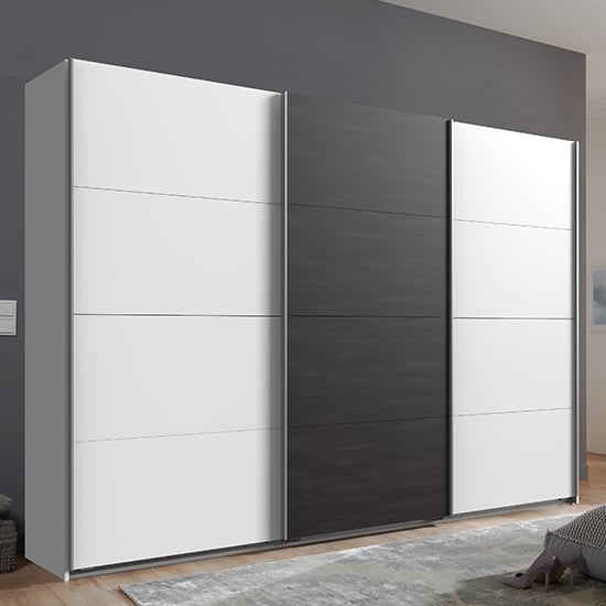 Product photograph of Minden Sliding Door Wooden Wardrobe In White And Graphite from Furniture in Fashion