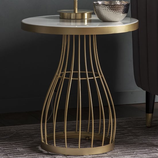 Read more about Minnesota round white glass side table with champagne frame