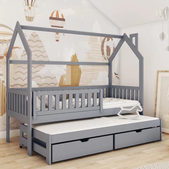 Minsk Trundle Wooden Single Bed In Grey With Bonnell Mattress