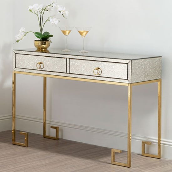 View Mirzam antique mirrored console table with gold steel base