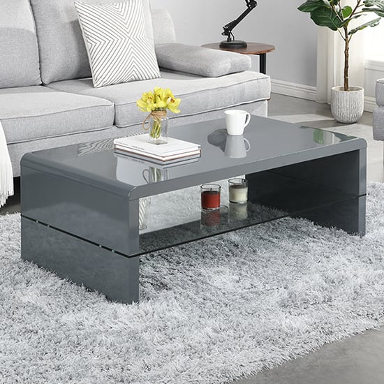Product photograph of Momo High Gloss Coffee Table In Grey With Glass Undershelf from Furniture in Fashion