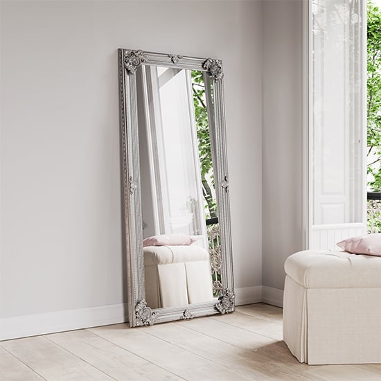 Product photograph of Moncton Large Leaner Chevel Dressing Mirror In Silver Frame from Furniture in Fashion
