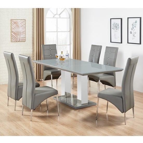Monton Glass Extendable Dining Table In Grey And 6 Vesta Chairs ...