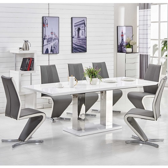 Read more about Monton small extending white dining table 6 gia grey chairs