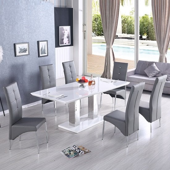Monton Extendable Dining Table In White With 6 Vesta Grey
