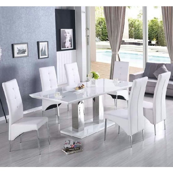 Read more about Monton small extending white dining table 6 vesta white chairs