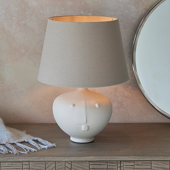 Read more about Mopty grey linen shade table lamp with white ceramic base