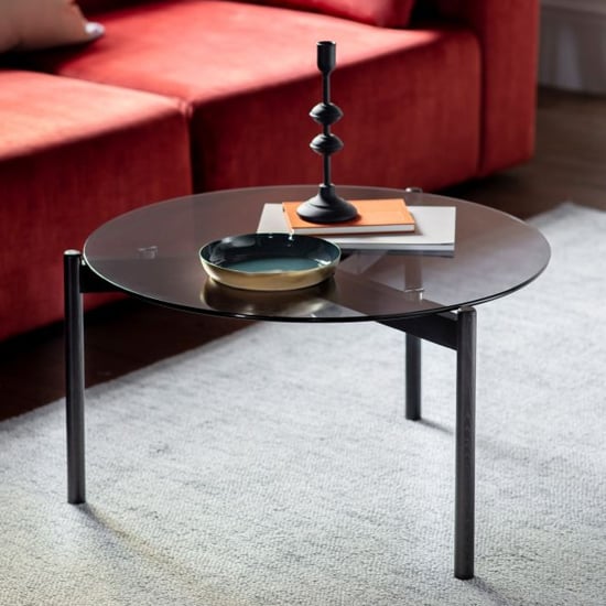 Product photograph of Moraine Smoked Glass Coffee Table With Black Wooden Base from Furniture in Fashion
