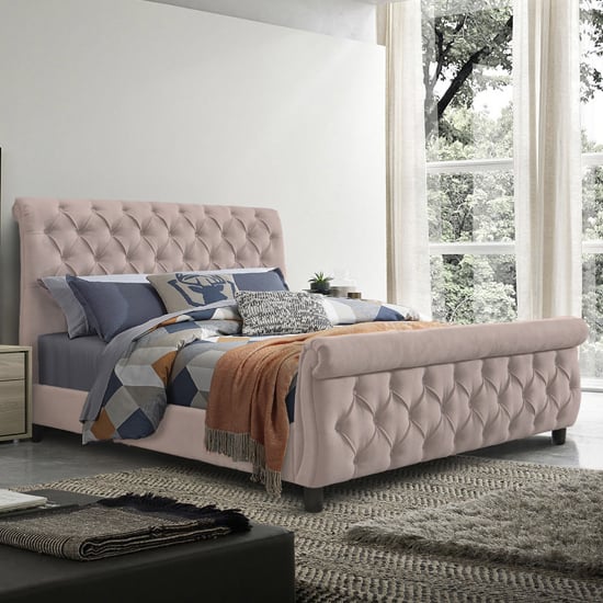 Product photograph of Morvey Velvet Fabric Ottoman Double Bed In Blush Pink from Furniture in Fashion
