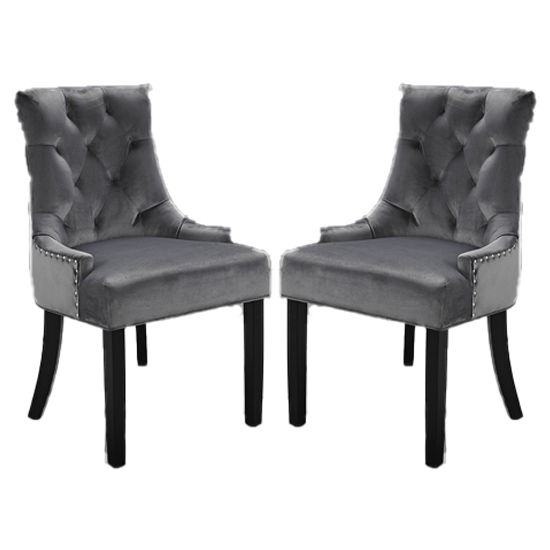 Photo of Morgana grey velvet dining chairs with wooden legs in pair