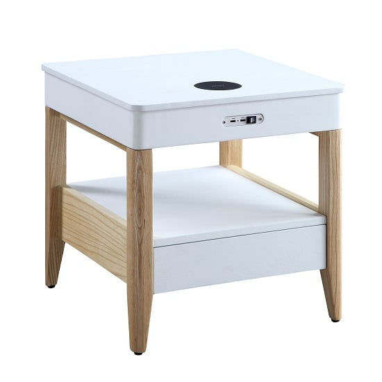 Morvik Bedside Table In White Ash With Bluetooth And Chargers