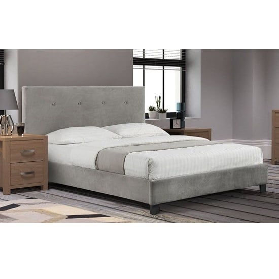 Photo of Safara fabric king size bed in slate velvet with wooden legs