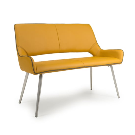 Product photograph of Mosul Leather Effect Dining Bench In Yellow With Steel Legs from Furniture in Fashion