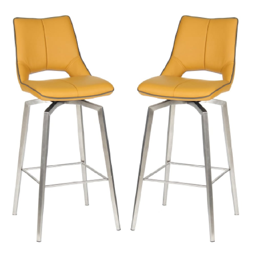 mosul yellow leather bar chairs with steel legs in pair