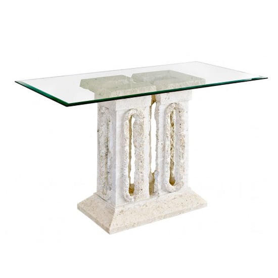 View Tower macatan stone console table with glass top