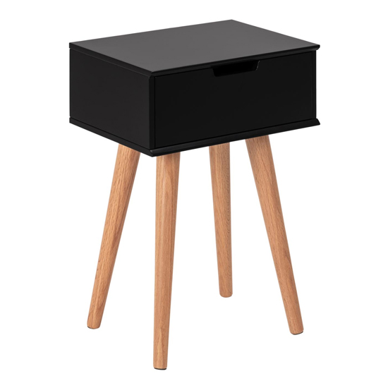 Read more about Mulvane wooden 1 drawer bedside table in black with oak legs
