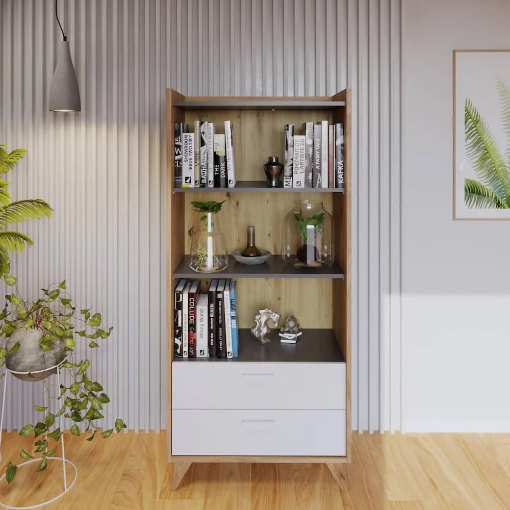 muncie wooden bookcase with 2 drawers in white and oak