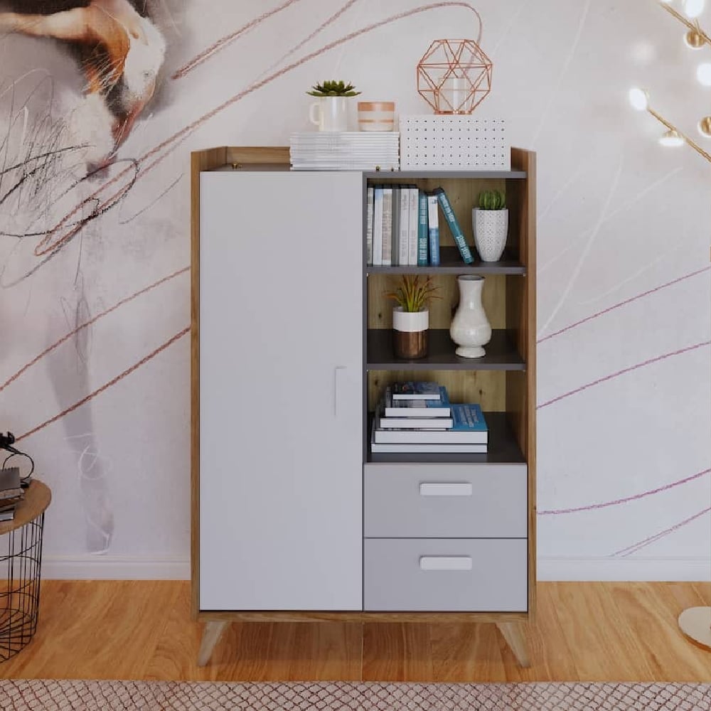 muncie wooden highboard with 2 drawers in white and oak