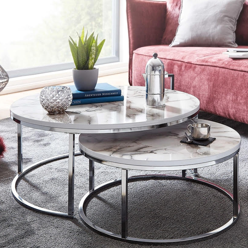 Product photograph of Mystique Wooden Nesting Coffee Tables In White Marble Effect from Furniture in Fashion