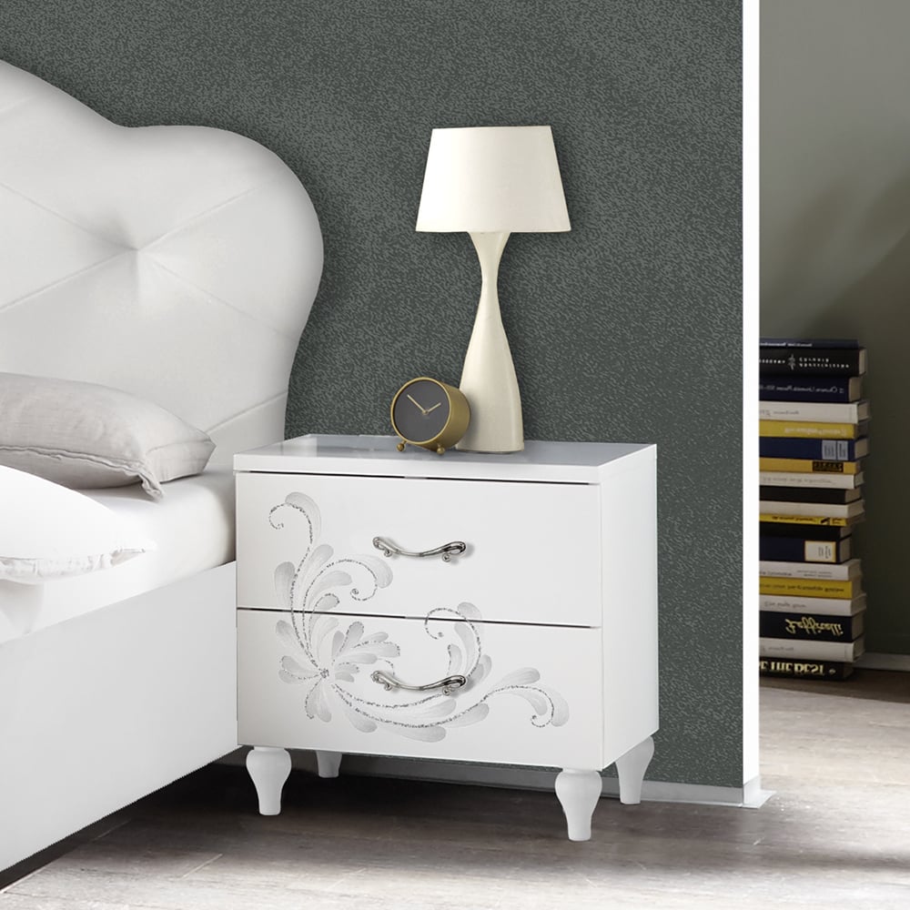 Read more about Naihati serigraphy white wooden bedside cabinets in pair