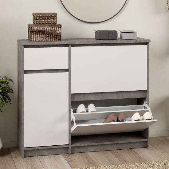 Product photograph of Nakou High Gloss Shoe Storage Cabinet 3 Doors In Concrete White from Furniture in Fashion