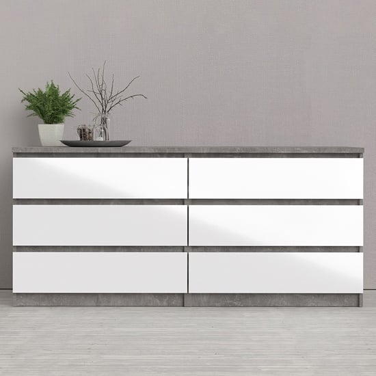 Read more about Nakou wide high gloss chest of 6 drawers in concrete and white