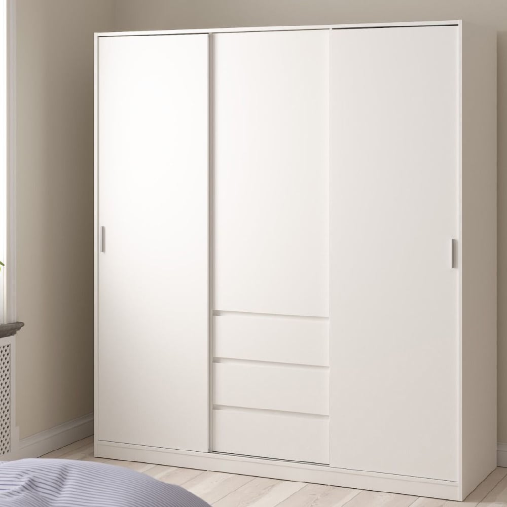 nakou wooden wardrobe with 2 sliding doors 3 drawers in white