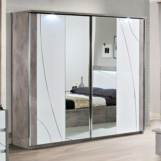 Product photograph of Namilon Led Large Mirrored Wardrobe White Grey Marble Effect from Furniture in Fashion